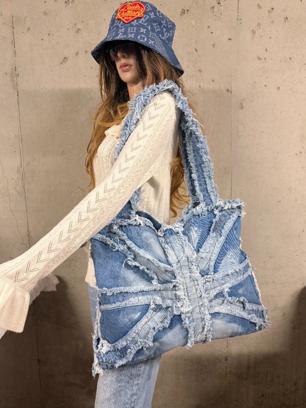 NWOT LARGE Distressed Light Denim Union Jack Tote Bag